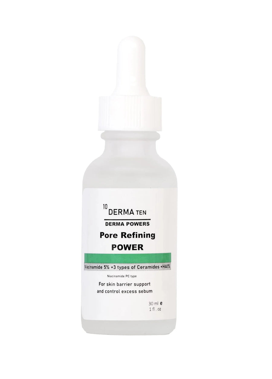 Skincare serum bottle labeled 'Derma Ten' on a white background